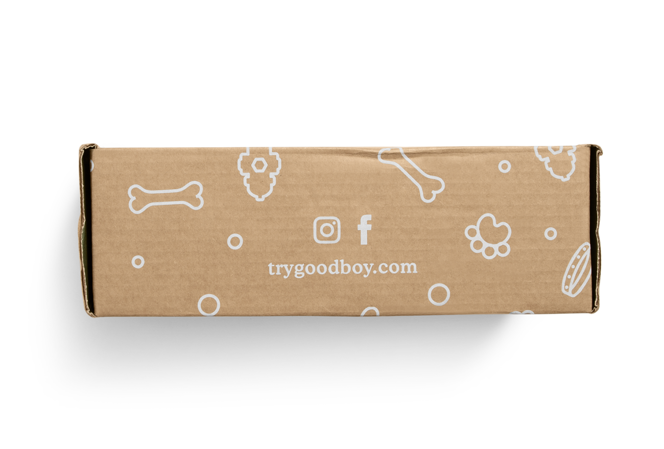 Custom roll end tuck front corrugated mailer box for Goodboy with roll end base, tuck front lid, cherry locks, dust flaps. Flexography on natural kraft liner, mottled white liner.