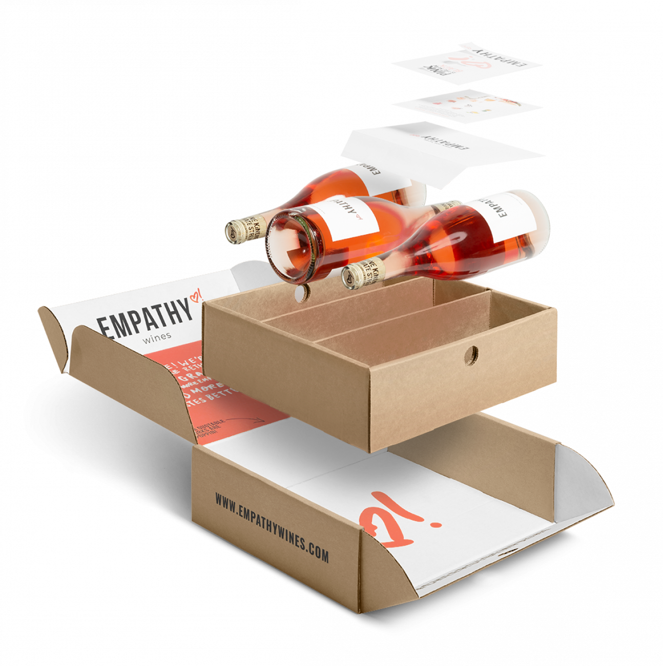Empathy Wines Corrugated Mailer Boxes, Corrugated Inserts, Paper Envelopes, Flat Cards, Kiss Cut Sticker Sheets