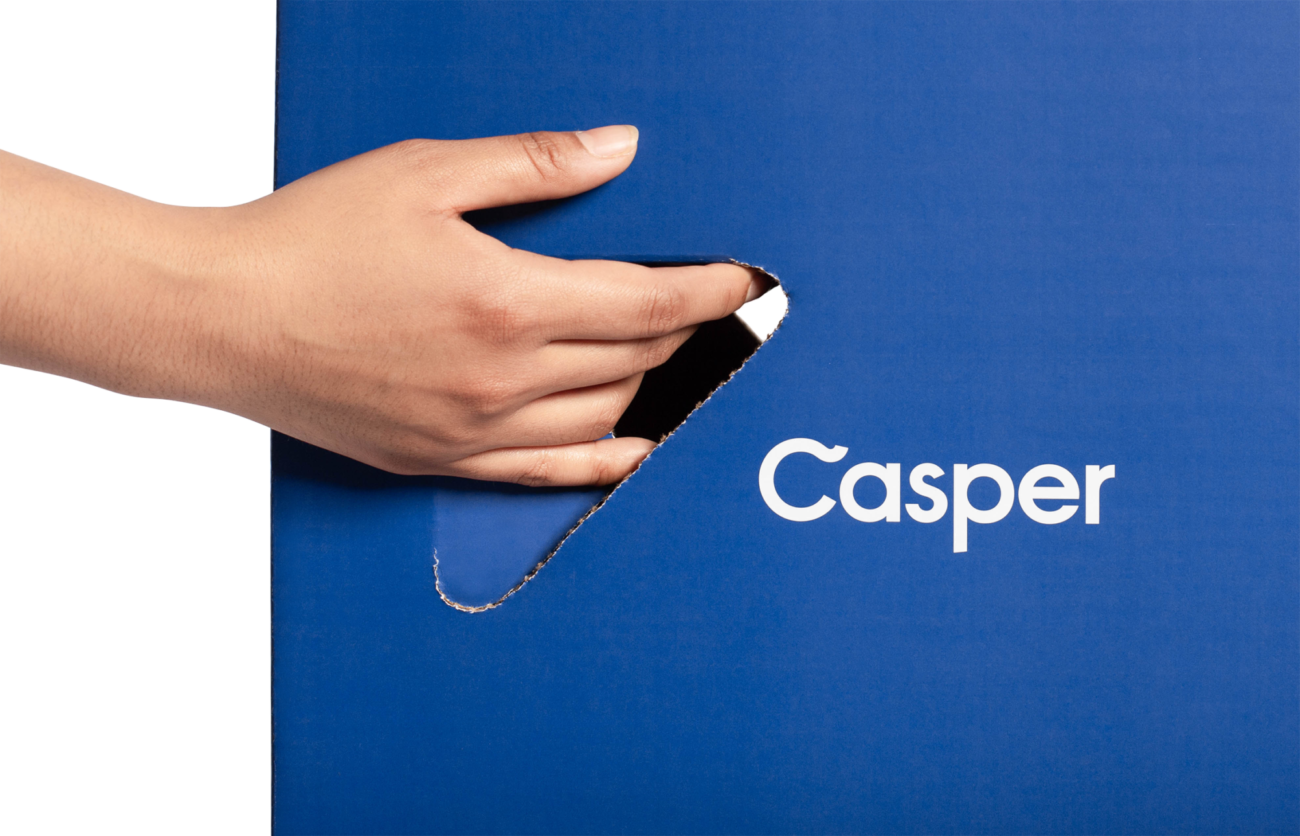 Custom corrugated mailer box for Casper with hand holes. Lithography