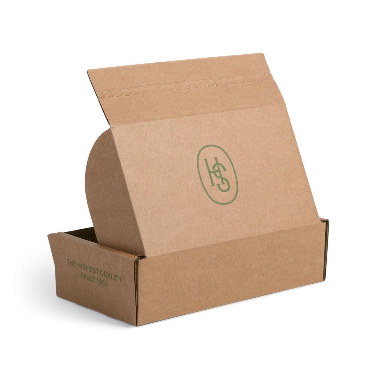 Custom roll end tuck front corrugated mailer box for The Spice House with roll end base, dust flaps, tear strip, adhesive strip. Flexography on natural kraft liner.