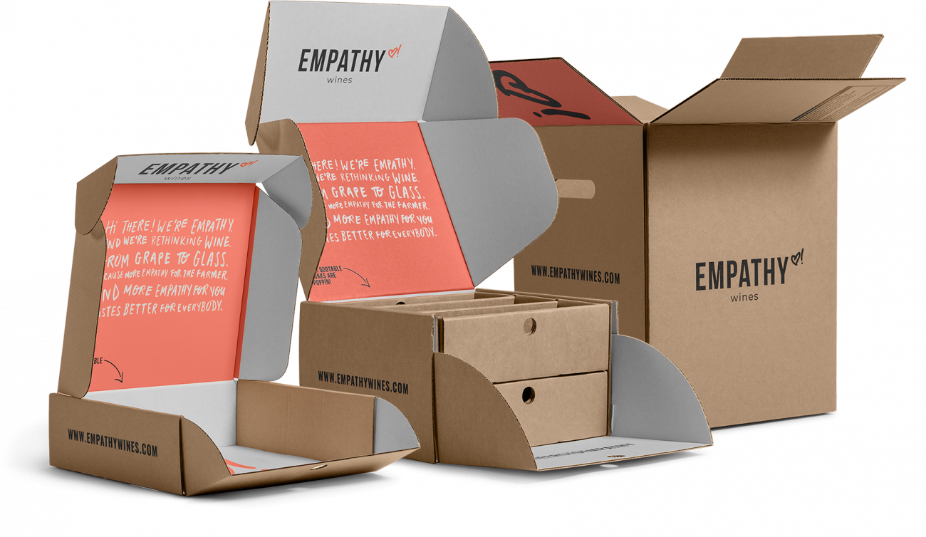 Custom corrugated insert for Empathy Wines with hand holes. Flexography on natural kraft liner, mottled white liner.