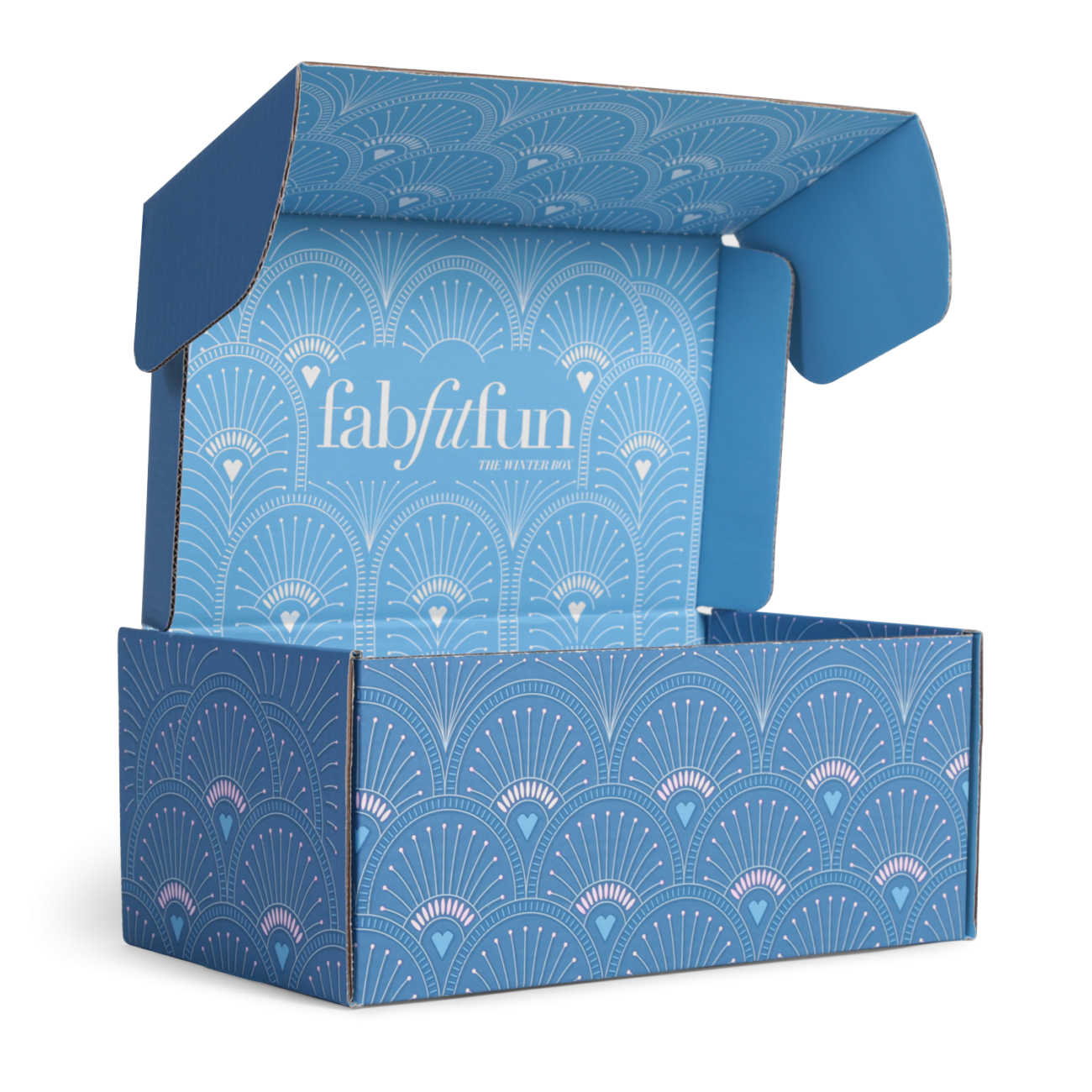 Custom roll end tuck front corrugated mailer box for FabFitFun with roll end base, cherry locks, dust flaps, tuck front lid. Flexography on mottled white liner.