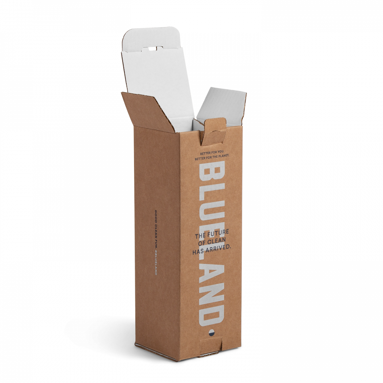 Custom straight tuck end corrugated mailer box for Blueland with catalog lock, dust flaps, unituck slit lock top, unituck slit lock bottom. Flexography on natural kraft liner, mottled white liner.