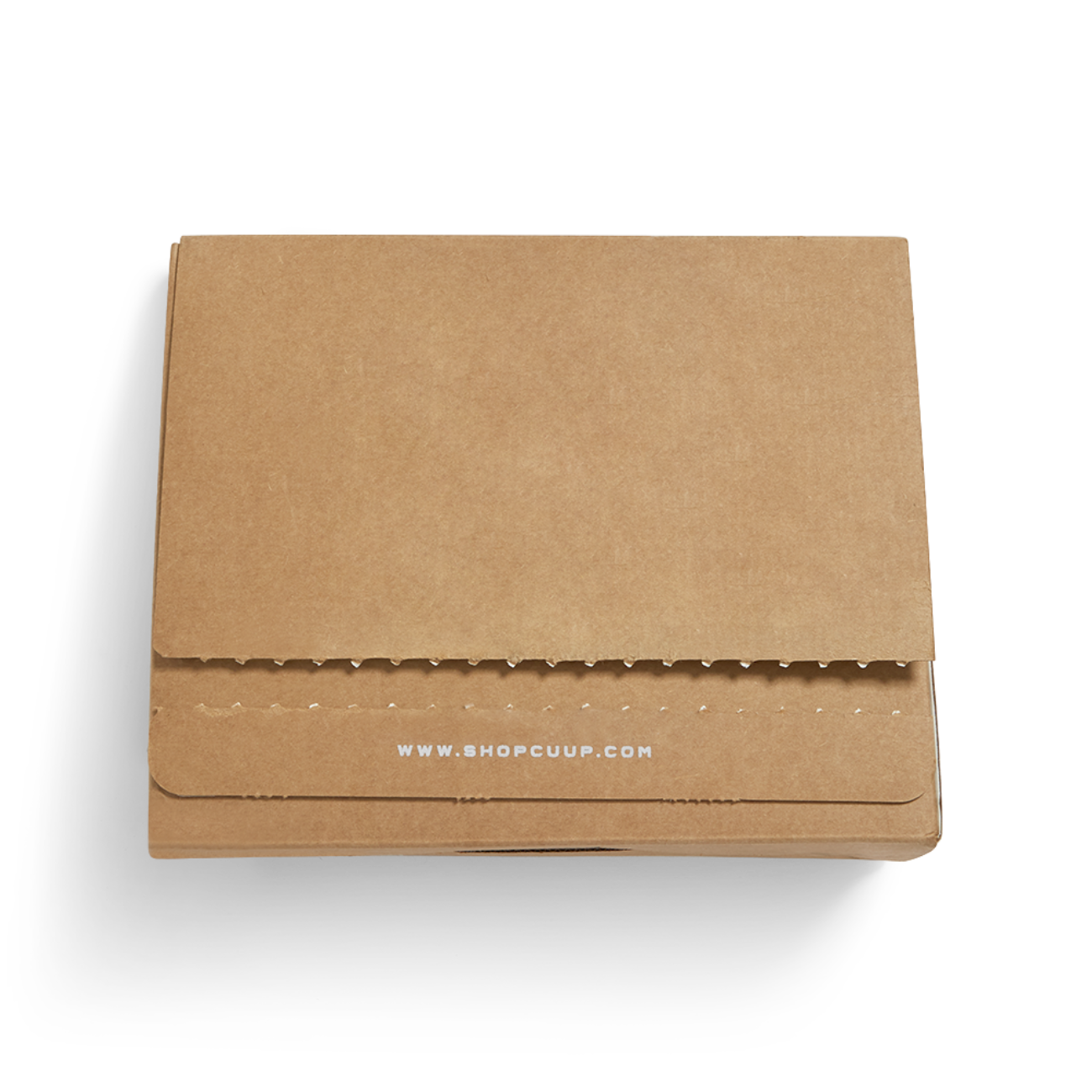 Custom corrugated mailer box for Cuup with tear strip, adhesive strip. Flexography on natural kraft liner.