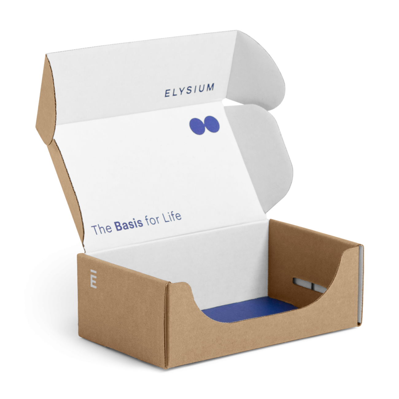 Custom roll end tuck front corrugated mailer box for Elysium Health with roll end base, cherry locks, dust flaps, tuck front lid. Flexography on natural kraft liner, mottled white liner.