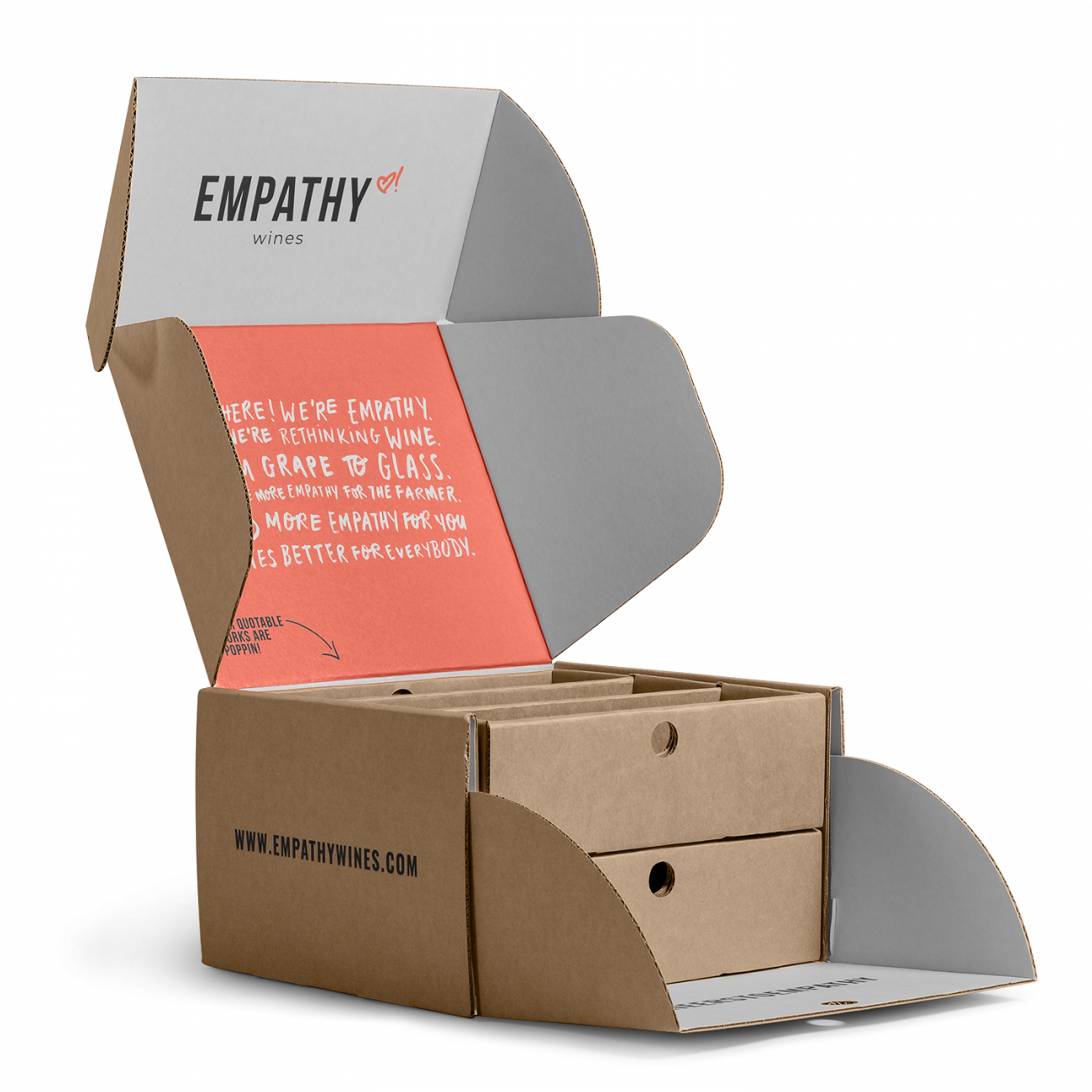 Custom roll end tuck front corrugated insert for Empathy Wines with roll end base, cherry locks, dust flaps, tuck front lid. Flexography on natural kraft liner, mottled white liner.