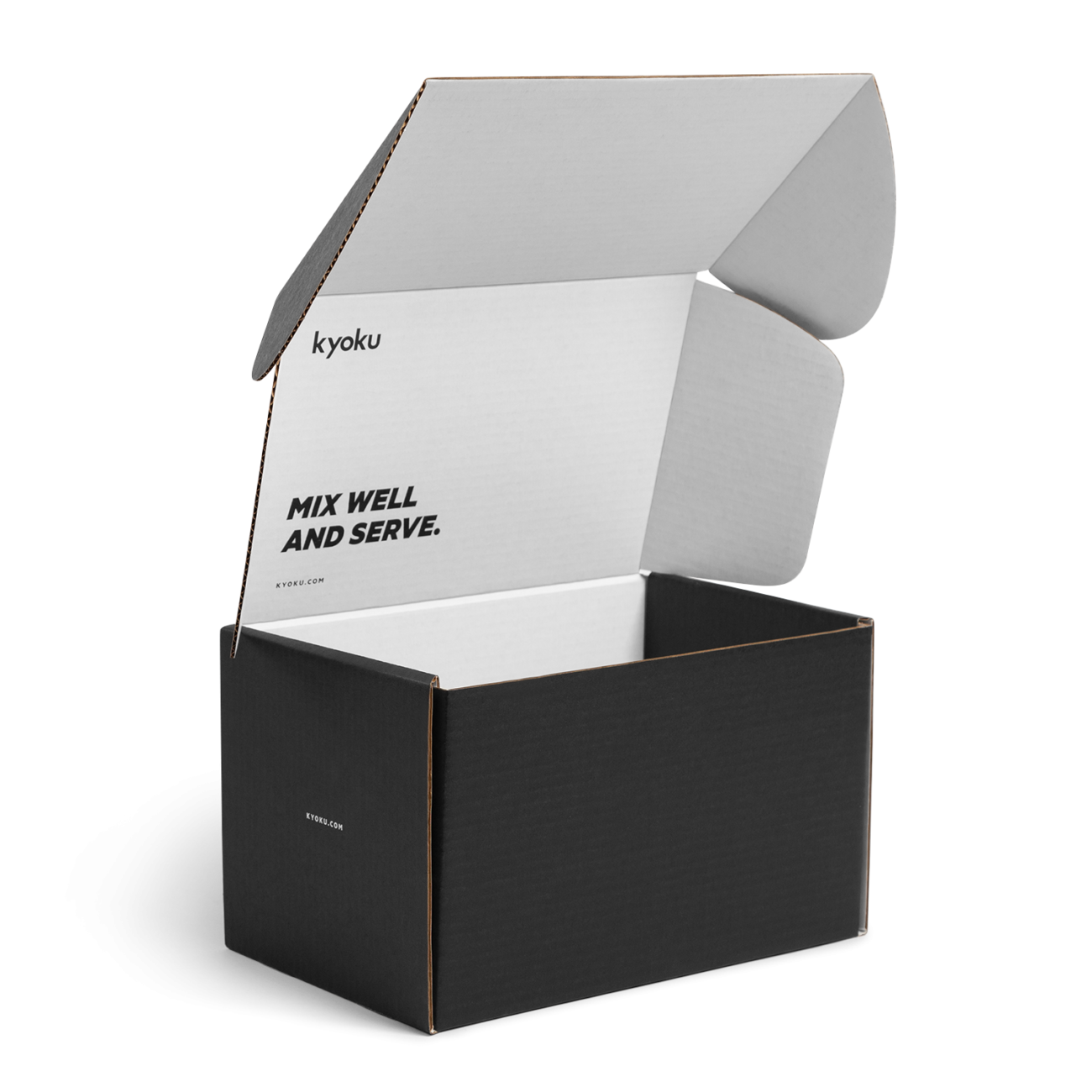 Custom roll end tuck front corrugated mailer box for Kyoku Fit with roll end base, cherry locks, dust flaps, tuck front lid. Flexography on mottled white liner.