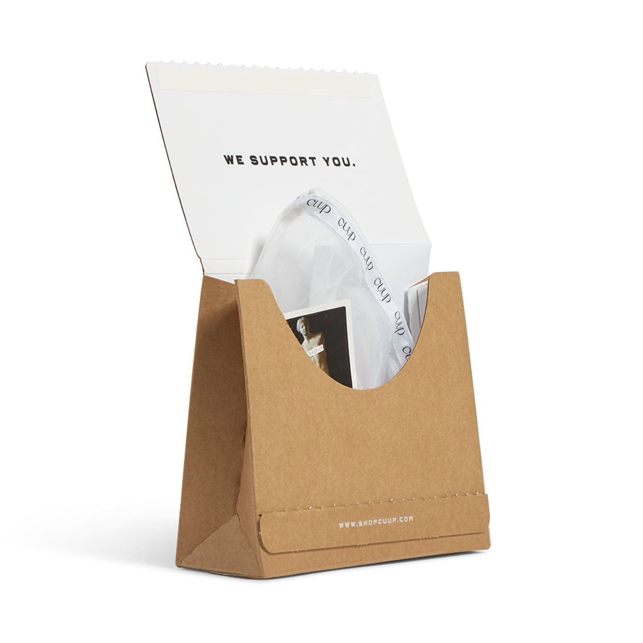 Custom corrugated mailer box for Cuup with tear strip. Flexography on natural kraft liner.