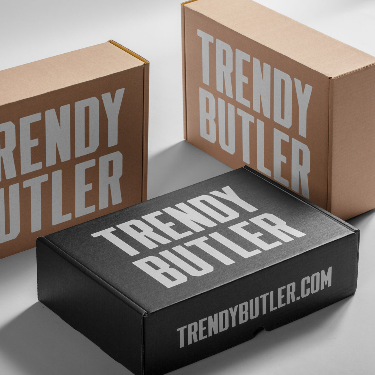 Custom roll end tuck front corrugated mailer box for Trendy Butler with roll end base, tuck front lid. Flexography on natural kraft liner, mottled white liner.