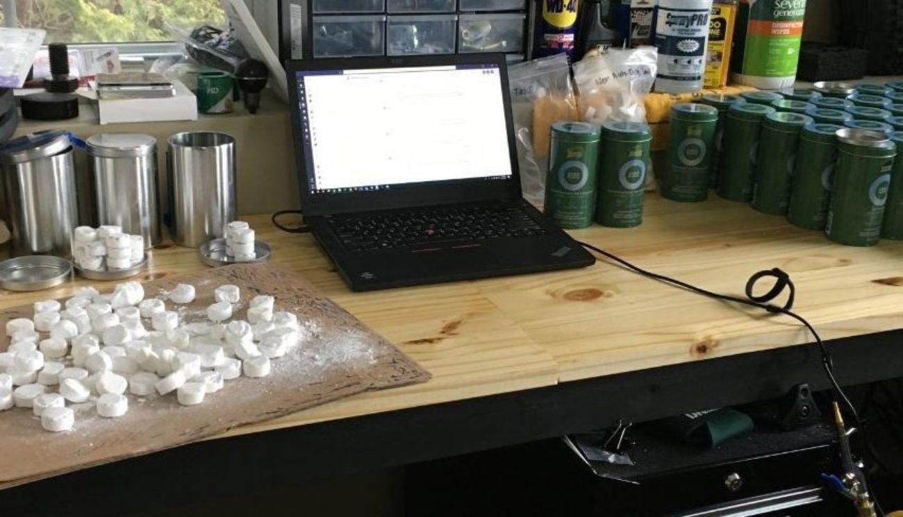 Packaging engineer's makeshift home lab bench for testing and analysis. How Seventh Generation designed their Zero Plastic cleaning line