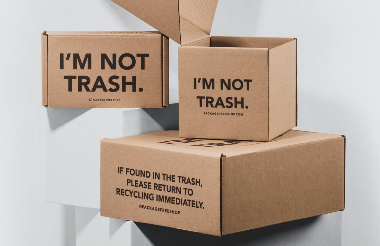 Package Free Shop uses cheeky copy that goes beyond the standard recycling symbols.  11 Strategies to Make Your Packaging More Sustainable