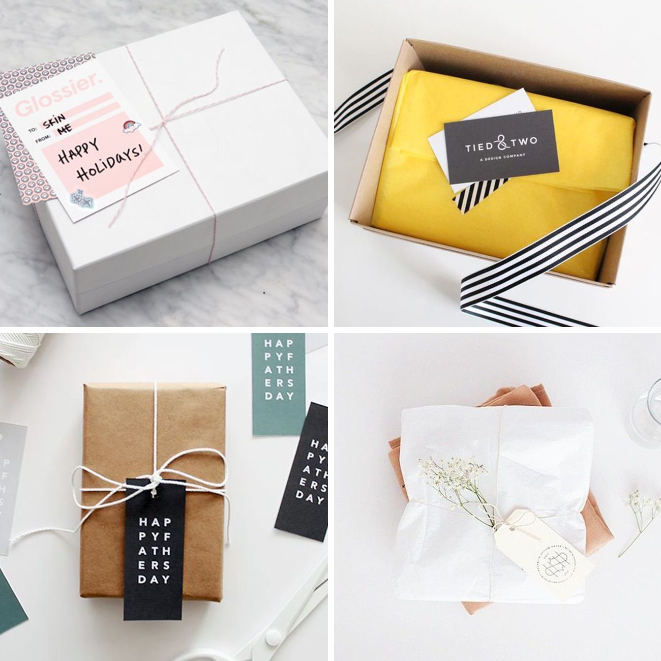 Photos via: —, Glossier, Tied &amp; Two, Almost Makes Perfect, Oh So Pretty 90 Ideas to Spruce Up Your Holiday Packaging Design