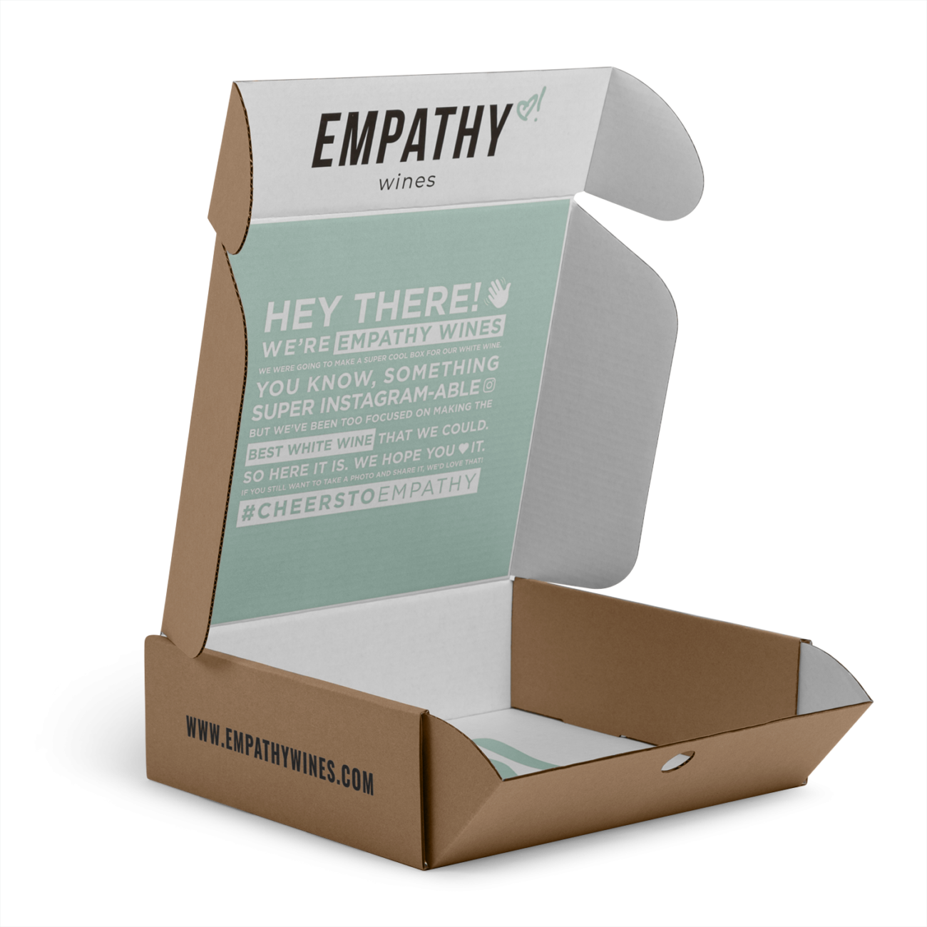 Custom roll end tuck front corrugated mailer box for Empathy Wines with roll end base, cherry locks, dust flaps, tuck front lid. Flexography on natural kraft liner, mottled white liner.