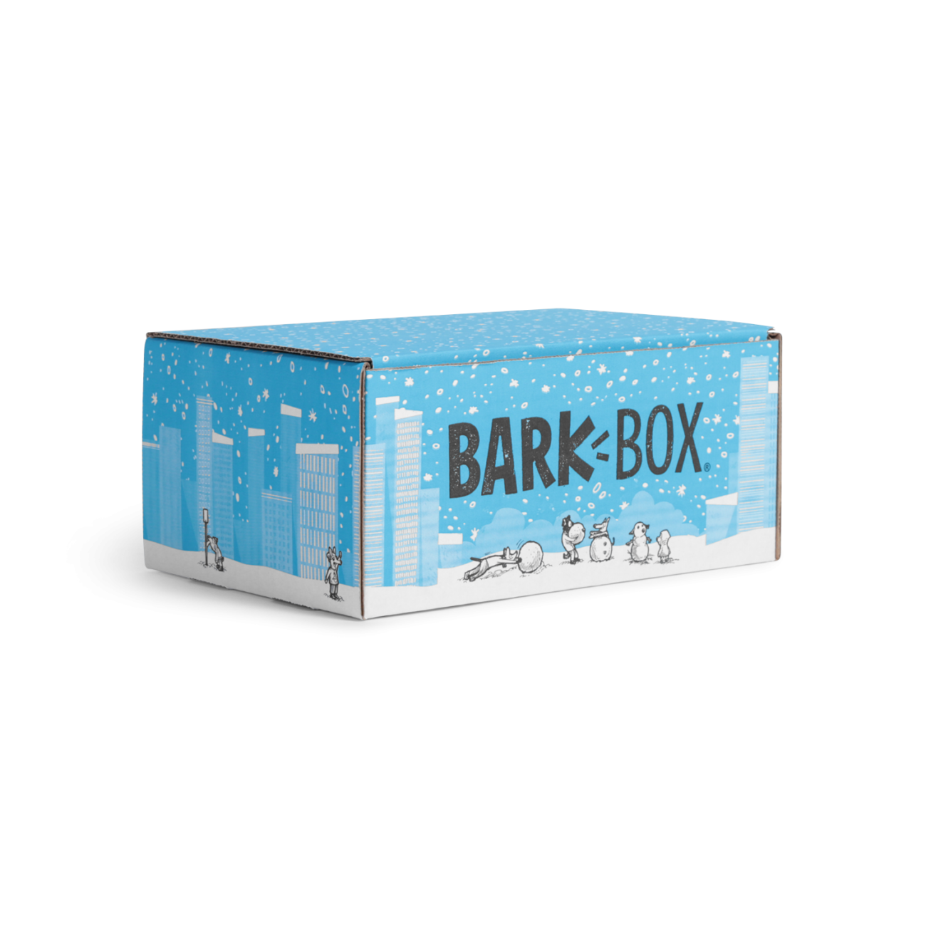 Custom roll end tuck top corrugated mailer box for BarkBox with roll end base, tuck top lid. Flexography on mottled white liner.