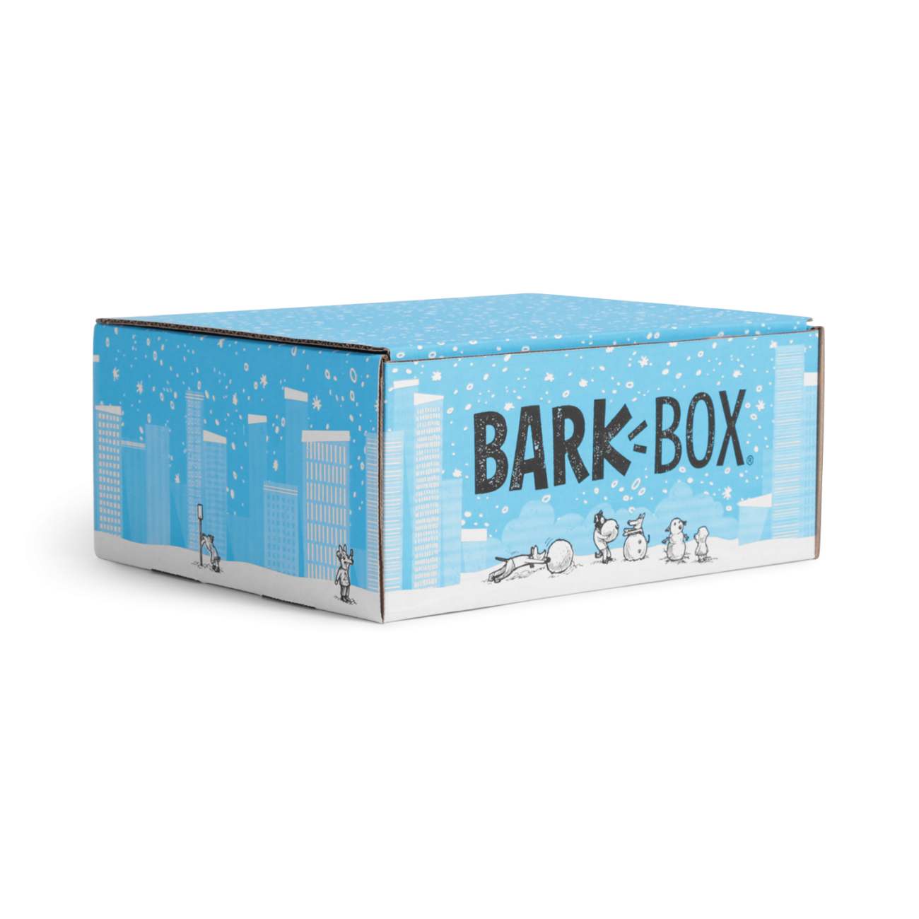 Custom roll end tuck top corrugated mailer box for BarkBox with roll end base, tuck top lid. Flexography on mottled white liner.