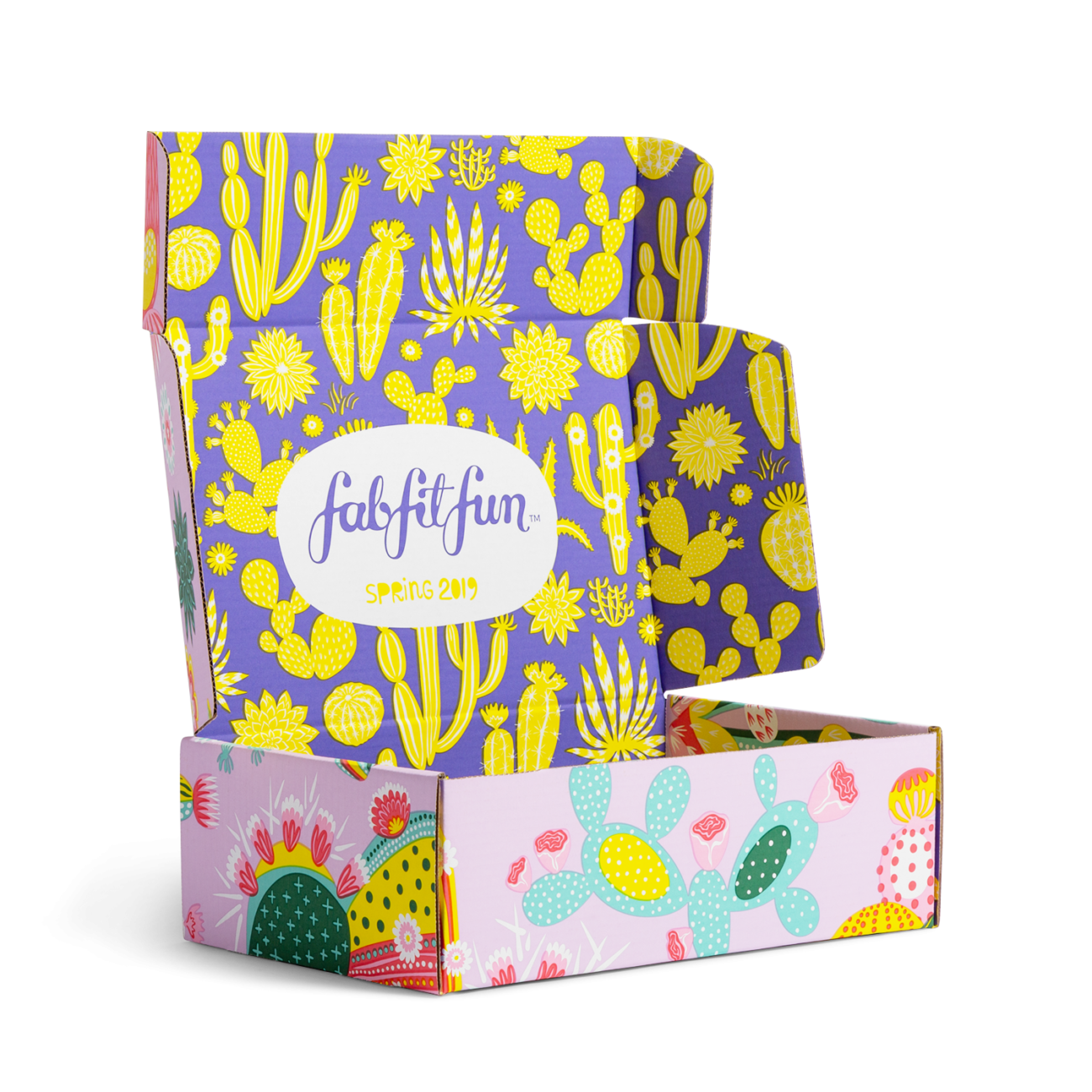 Custom roll end tuck front corrugated mailer box for FabFitFun with roll end base, cherry locks, dust flaps, tuck front lid. Flexography on mottled white liner.